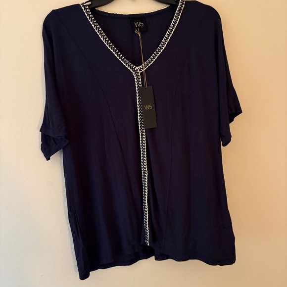 W5 Navy V-Neck Short Sleeve Blouse with Braided Trim | Size L | Sample | NWT - Picture 1 of 4